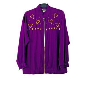 VTG 80's Silver Threads Full Zip Jacket Gold Heart Dangles Womens Silky Purple L